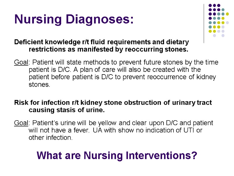 Nursing Diagnoses: Deficient knowledge r/t fluid requirements and dietary restrictions as manifested by reoccurring